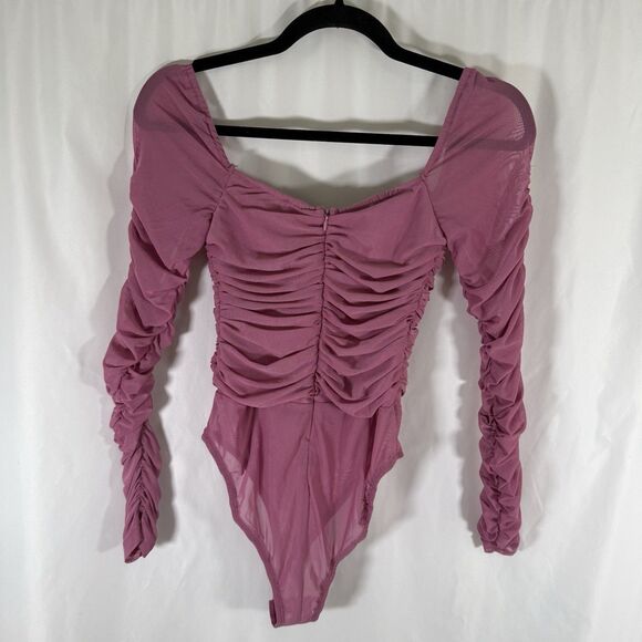 Princess Polly Bodysuit Women's 4 Pink Mesh Ruched Square Neck Long Sleeve - Picture 9 of 12